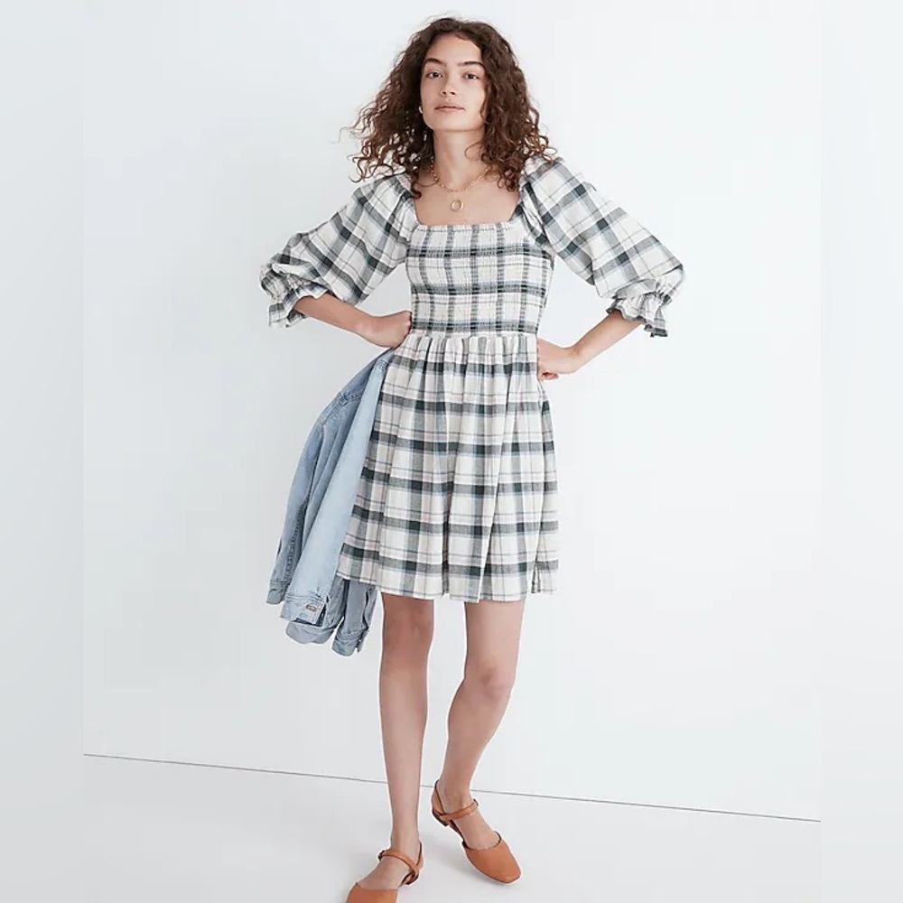 Madewell Lucie Elbow-Sleeve Smocked Mini Dress in Lebaum Plaid